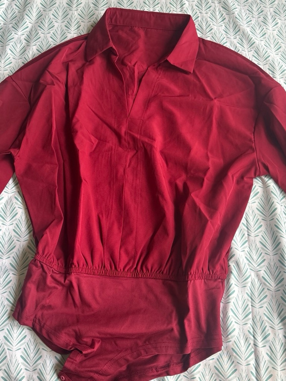 Women's Red Collared Bodysuit with Elastic Waist